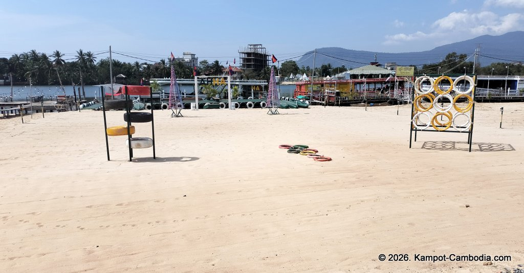 AHHA Floatel Library, hammocks, tents, cafe, kayaks on the Kampot River in Cambodia.