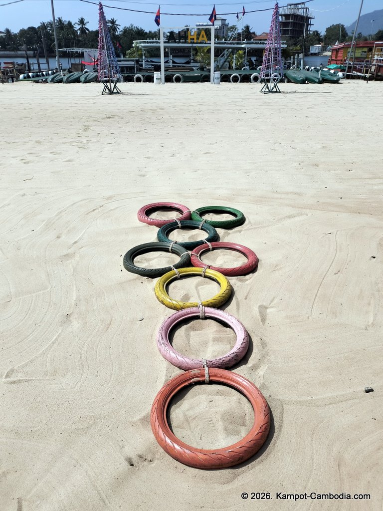AHHA Floatel Library, hammocks, tents, cafe, kayaks on the Kampot River in Cambodia.