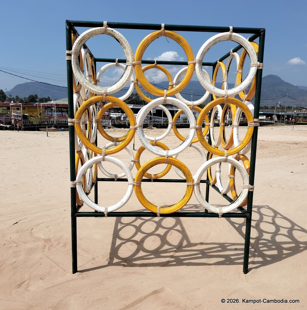 AHHA Floatel Library, hammocks, tents, cafe, kayaks on the Kampot River in Cambodia.