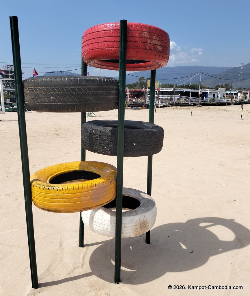 AHHA Floatel Library, hammocks, tents, cafe, kayaks on the Kampot River in Cambodia.