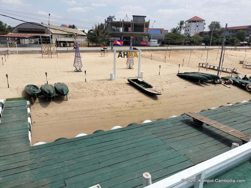AHHA Floatel Library, hammocks, tents, cafe, kayaks on the Kampot River in Cambodia.