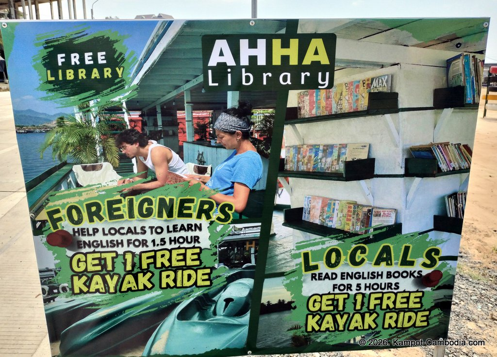 AHHA Floatel Library, hammocks, tents, cafe, kayaks on the Kampot River in Cambodia.
