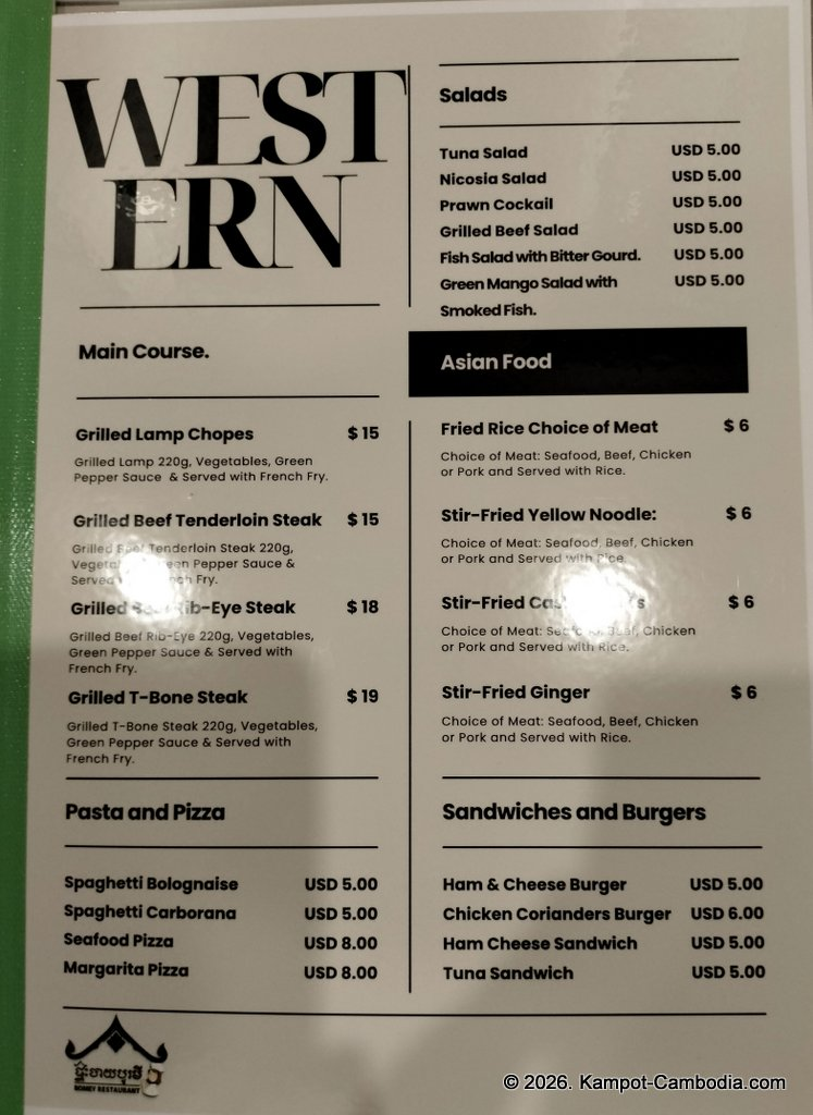 Bomey Restaurant in Kampot, Cambodia. Khmer, Western and Chinese Food.