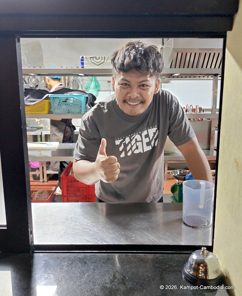 Bomey Restaurant in Kampot, Cambodia. Khmer, Western and Chinese Food.