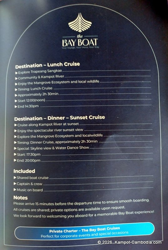 the bay boat. kampot, cambodia. daily cruises on the kampot river.