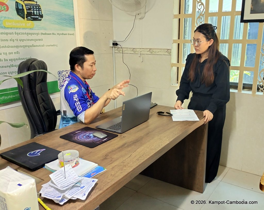 G.T.V.C Booking office in Kampot, Cambodia. Free bus to the port.