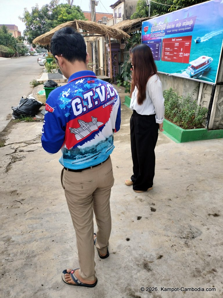 G.T.V.C Booking office in Kampot, Cambodia. Free bus to the port.
