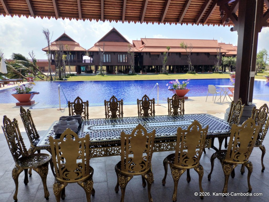 Heritage Village in Kampot, Cambodia. Wooden houses near the Kampot River.