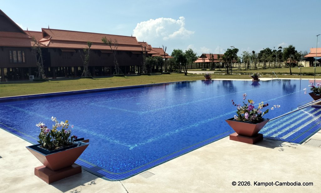 Heritage Village in Kampot, Cambodia. Wooden houses near the Kampot River.
