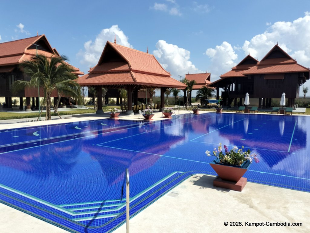 Heritage Village in Kampot, Cambodia. Wooden houses near the Kampot River.