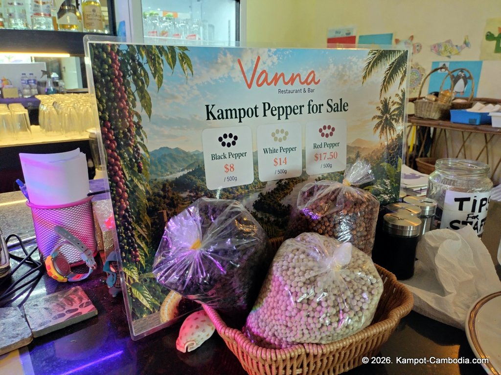 vanna restaurant in kampot cambodia. kampot pepper for sale