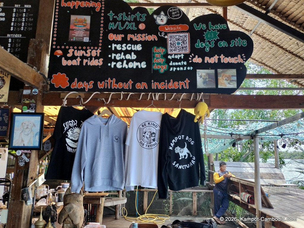 Kampot Dog Sanctuary. High Tide restaurant and Bar. Tiki Boat Rides in Kampot, Cambodia.