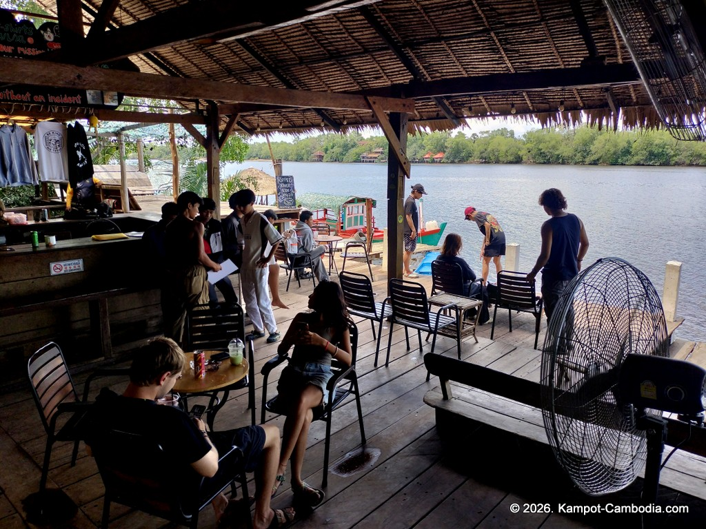Kampot Dog Sanctuary. High Tide restaurant and Bar. Tiki Boat Rides in Kampot, Cambodia.