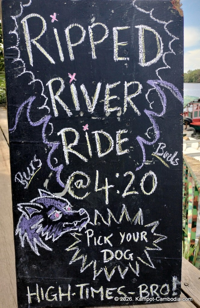 Kampot Dog Sanctuary. High Tide restaurant and Bar. Tiki Boat Rides in Kampot, Cambodia.