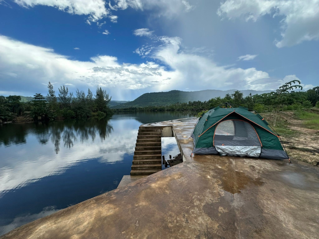 Tent Chill camping in Kampot, Cambodia on the Kampot River.