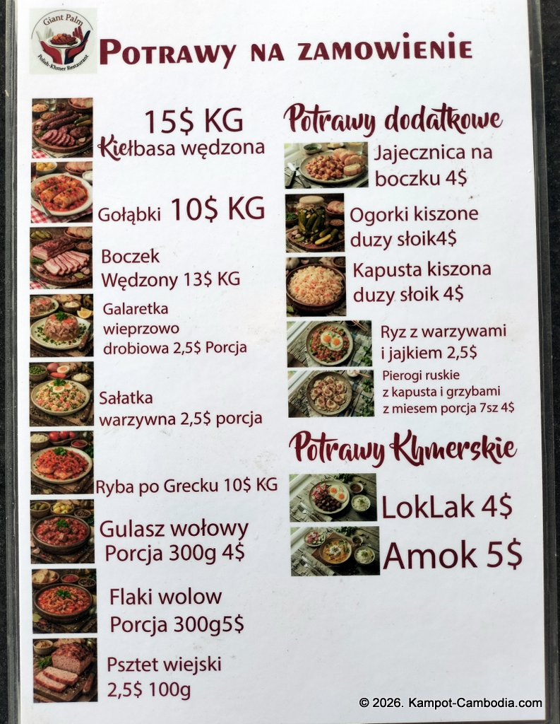 Giant Palm Polish-Khmer Restaurant in Kampot, Cambodia.
