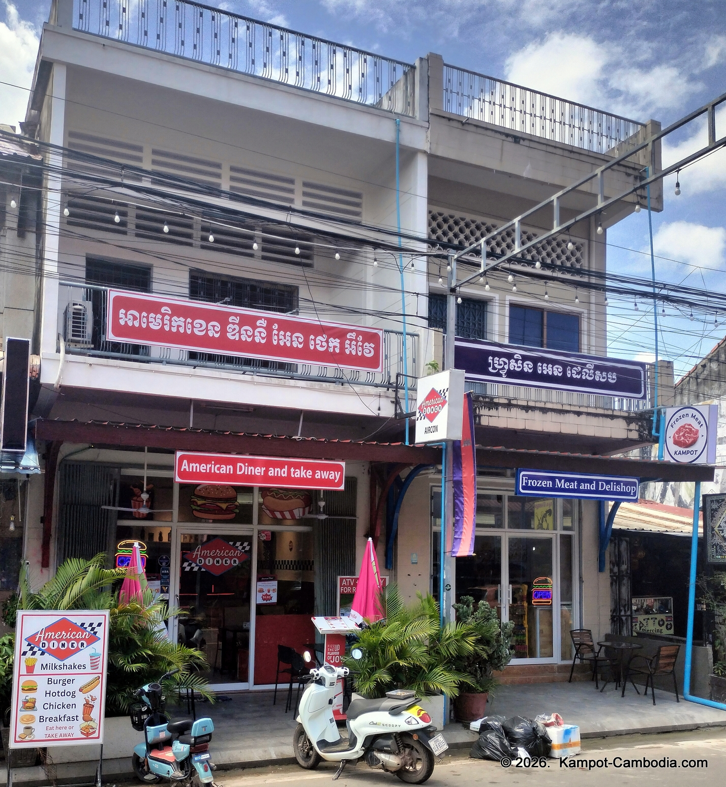 American Diner and Take Away in Kampot, Cambodia. Frozen Meat and Delishop.