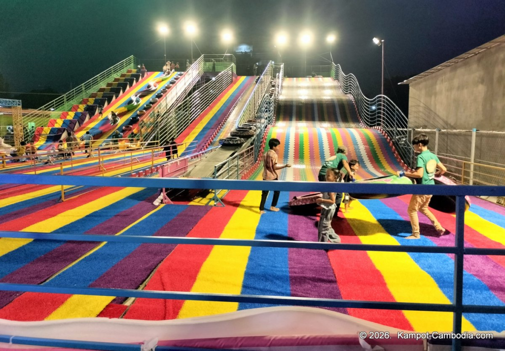 Kampot Happy. Outdoor Kids' entertainment park with slides, ball room, zip line, restaurant and cafe in Kampot, Cambodia.