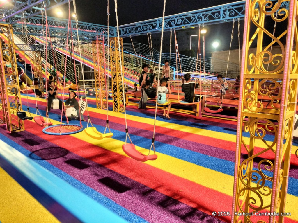 Kampot Happy. Outdoor Kids' entertainment park with slides, ball room, zip line, restaurant and cafe in Kampot, Cambodia.