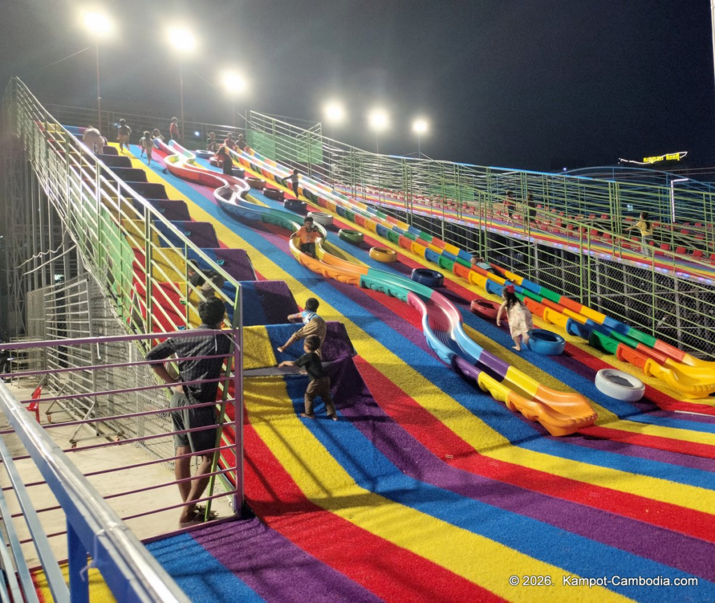 Kampot Happy. Outdoor Kids' entertainment park with slides, ball room, zip line, restaurant and cafe in Kampot, Cambodia.