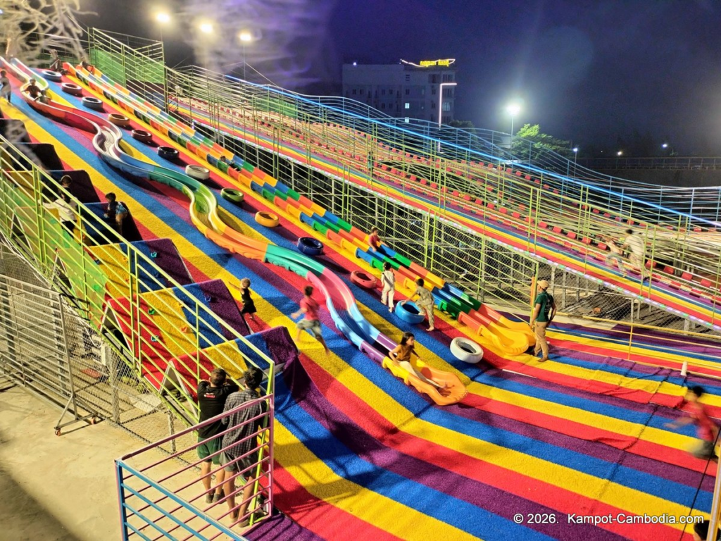Kampot Happy. Outdoor Kids' entertainment park with slides, ball room, zip line, restaurant and cafe in Kampot, Cambodia.