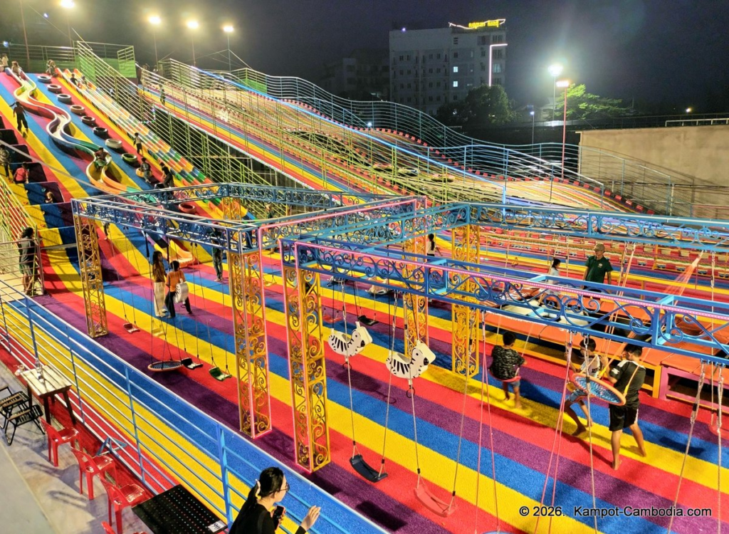 Kampot Happy. Outdoor Kids' entertainment park with slides, ball room, zip line, restaurant and cafe in Kampot, Cambodia.