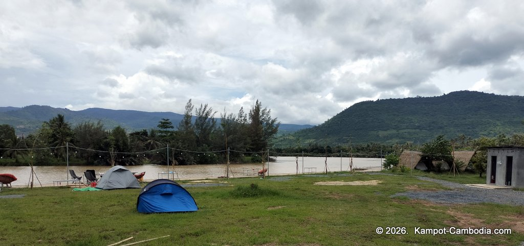 Tent Chill camping in Kampot, Cambodia on the Kampot River.