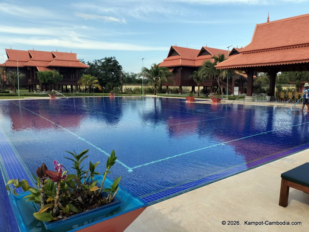 Heritage Village in Kampot, Cambodia. Wooden houses near the Kampot River.