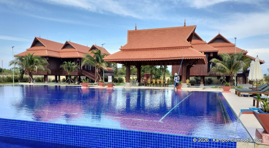 Heritage Village in Kampot, Cambodia. Wooden houses near the Kampot River.