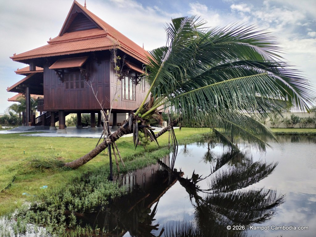 Heritage Village in Kampot, Cambodia. Wooden houses near the Kampot River.