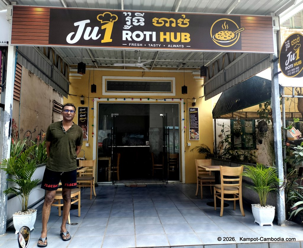 Ju1 Roti Hub in Kampot, Cambodia. Indian and Malaysian rotis by the Kampot River.