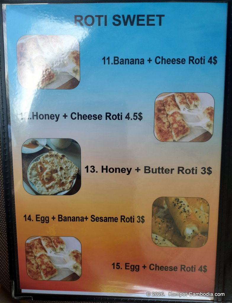 Ju1 Roti Hub in Kampot, Cambodia. Indian and Malaysian rotis by the Kampot River.