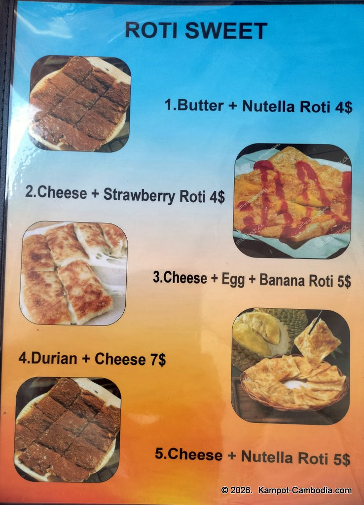 Ju1 Roti Hub in Kampot, Cambodia. Indian and Malaysian rotis by the Kampot River.
