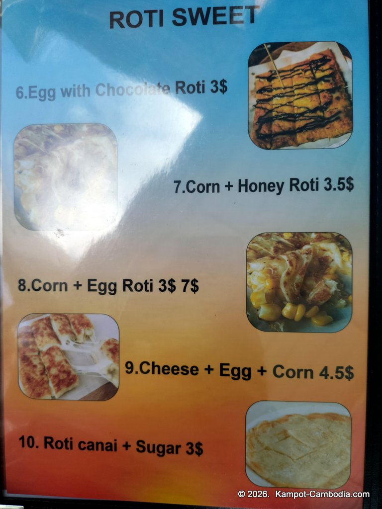 Ju1 Roti Hub in Kampot, Cambodia. Indian and Malaysian rotis by the Kampot River.