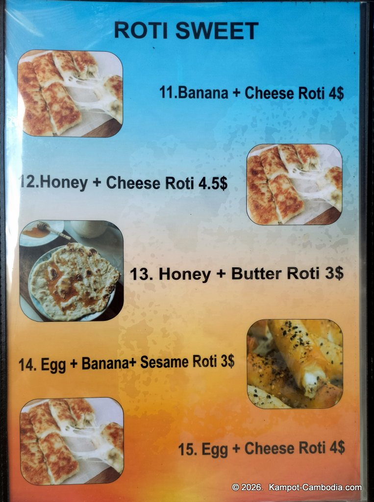 Ju1 Roti Hub in Kampot, Cambodia. Indian and Malaysian rotis by the Kampot River.