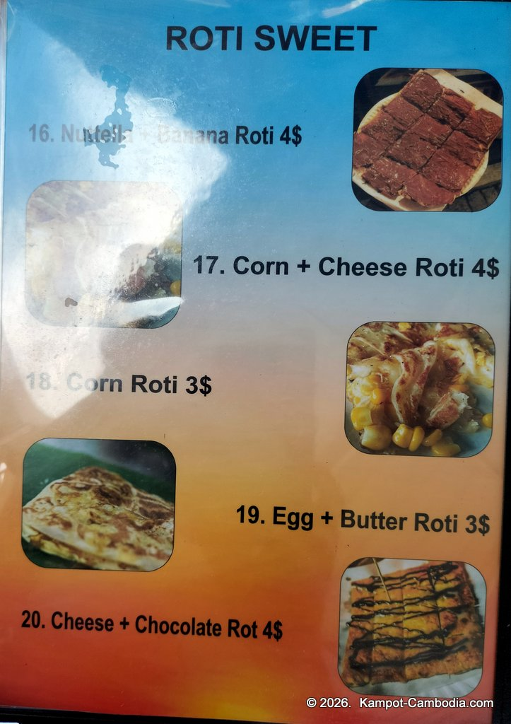 Ju1 Roti Hub in Kampot, Cambodia. Indian and Malaysian rotis by the Kampot River.
