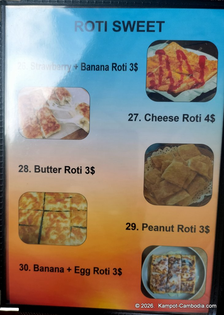 Ju1 Roti Hub in Kampot, Cambodia. Indian and Malaysian rotis by the Kampot River.