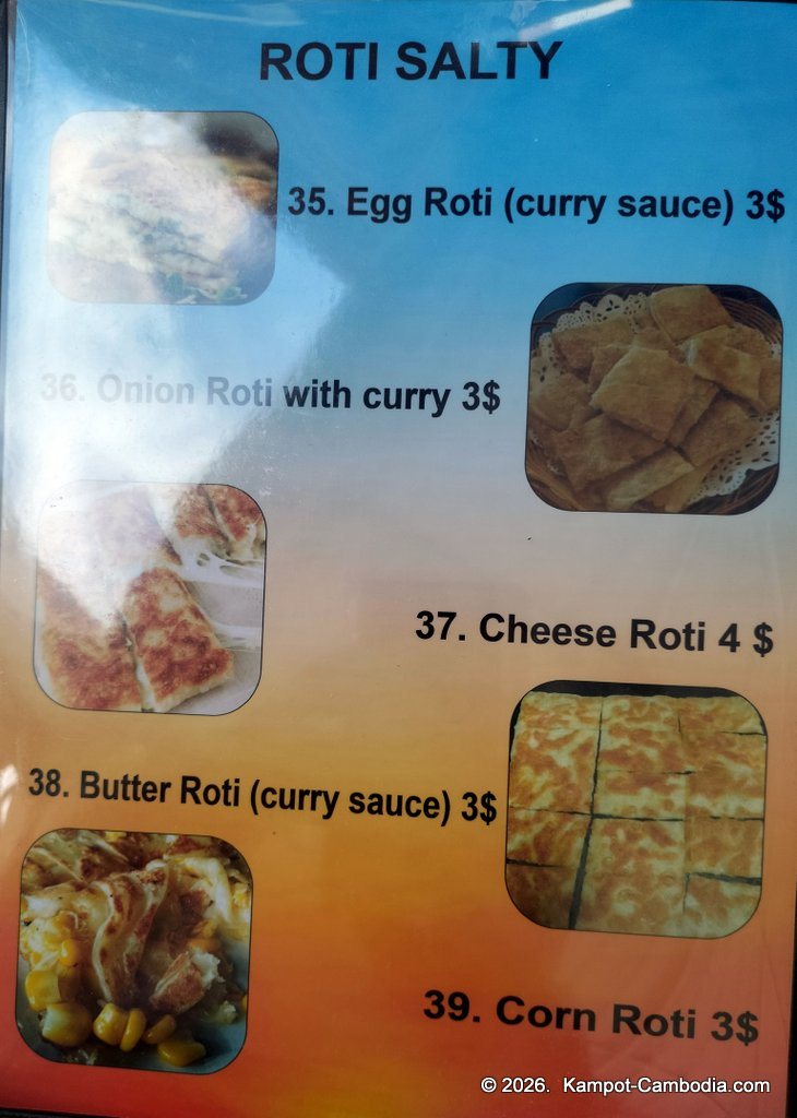 Ju1 Roti Hub in Kampot, Cambodia. Indian and Malaysian rotis by the Kampot River.