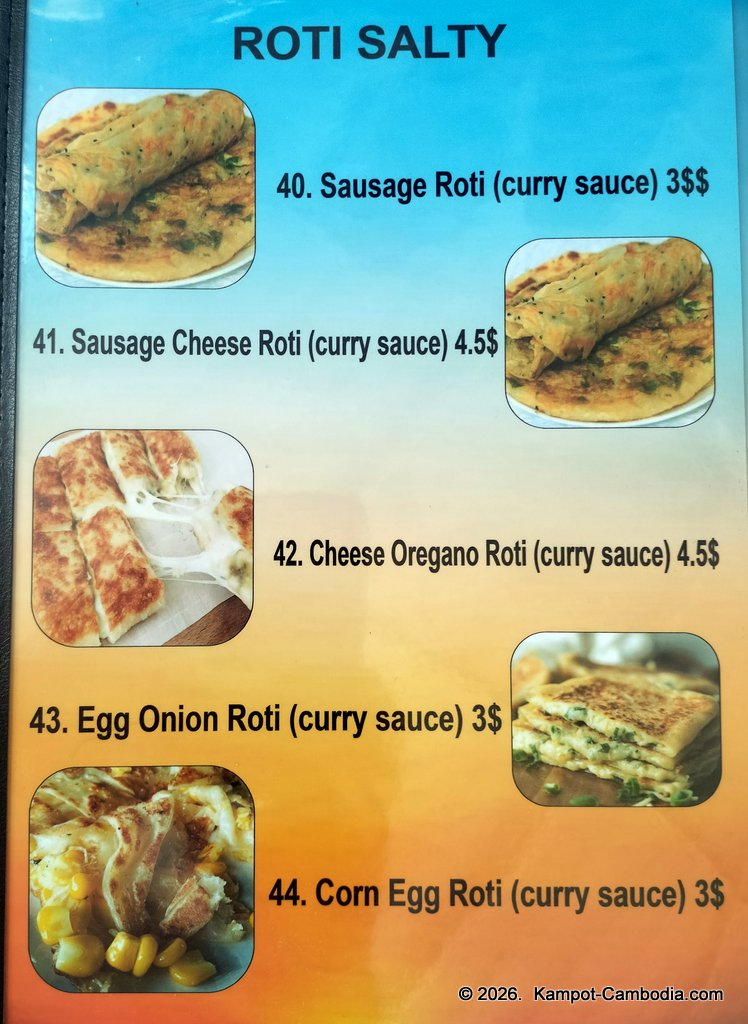 Ju1 Roti Hub in Kampot, Cambodia. Indian and Malaysian rotis by the Kampot River.