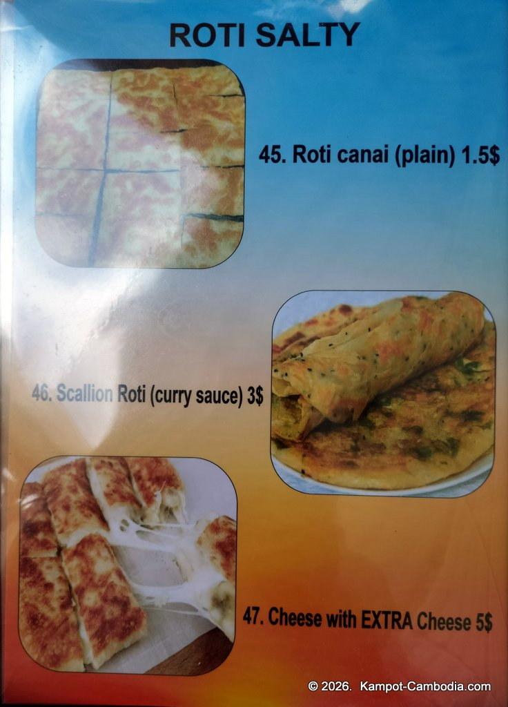 Ju1 Roti Hub in Kampot, Cambodia. Indian and Malaysian rotis by the Kampot River.