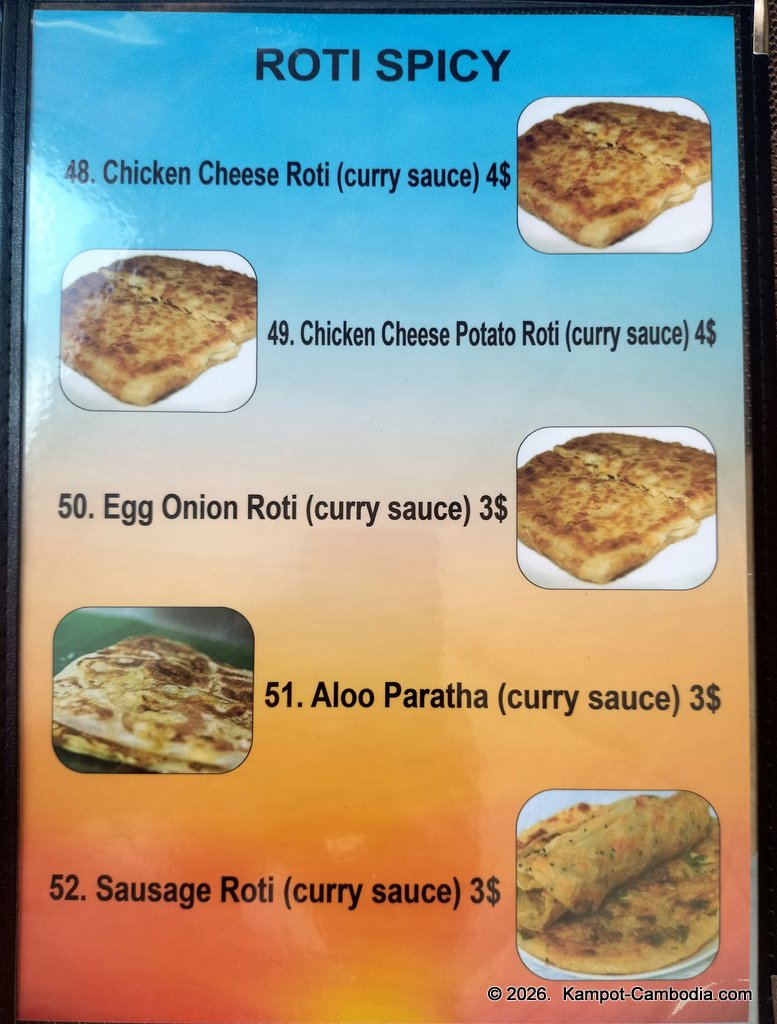 Ju1 Roti Hub in Kampot, Cambodia. Indian and Malaysian rotis by the Kampot River.