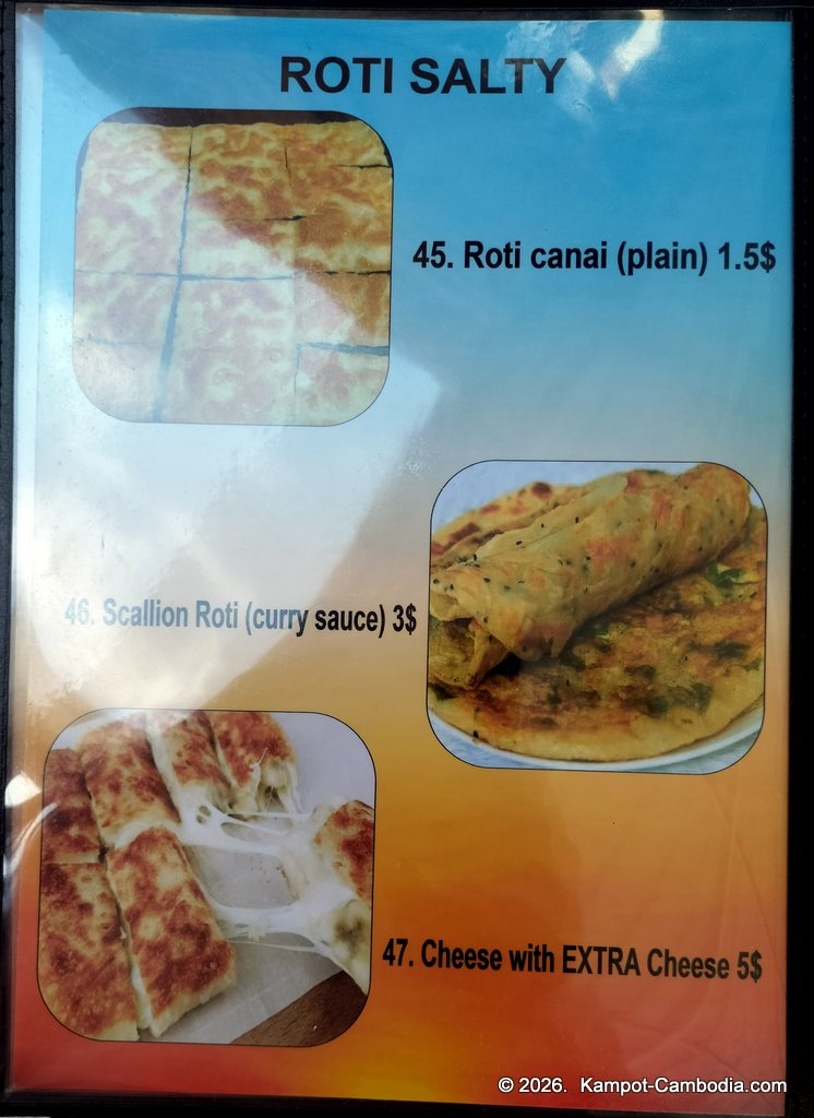 Ju1 Roti Hub in Kampot, Cambodia. Indian and Malaysian rotis by the Kampot River.