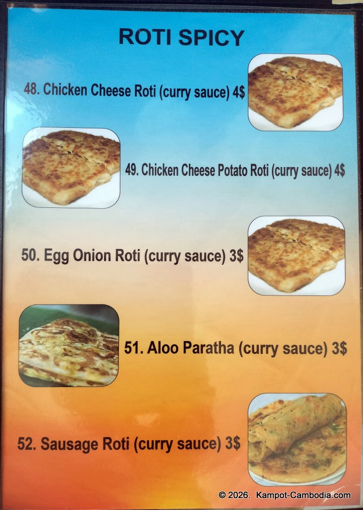 Ju1 Roti Hub in Kampot, Cambodia. Indian and Malaysian rotis by the Kampot River.