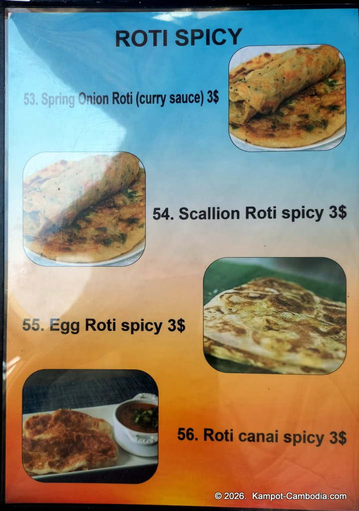 Ju1 Roti Hub in Kampot, Cambodia. Indian and Malaysian rotis by the Kampot River.