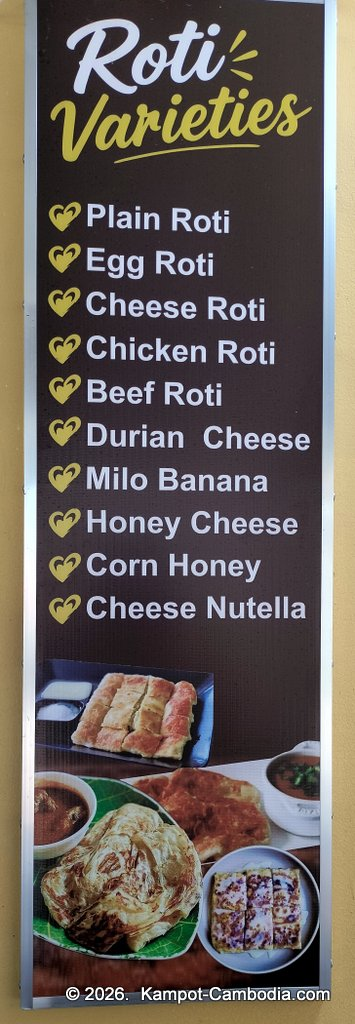 Ju1 Roti Hub in Kampot, Cambodia. Indian and Malaysian rotis by the Kampot River.