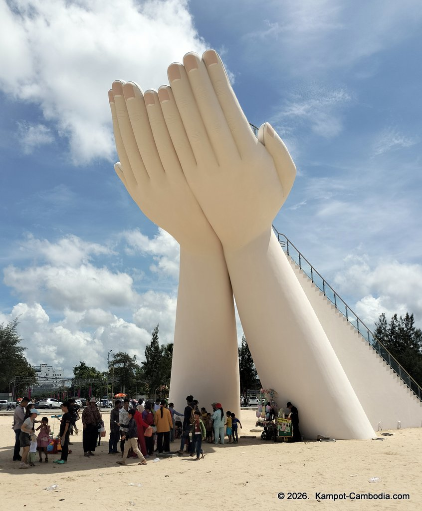 giant palm statue in Kampot, Cambodia.