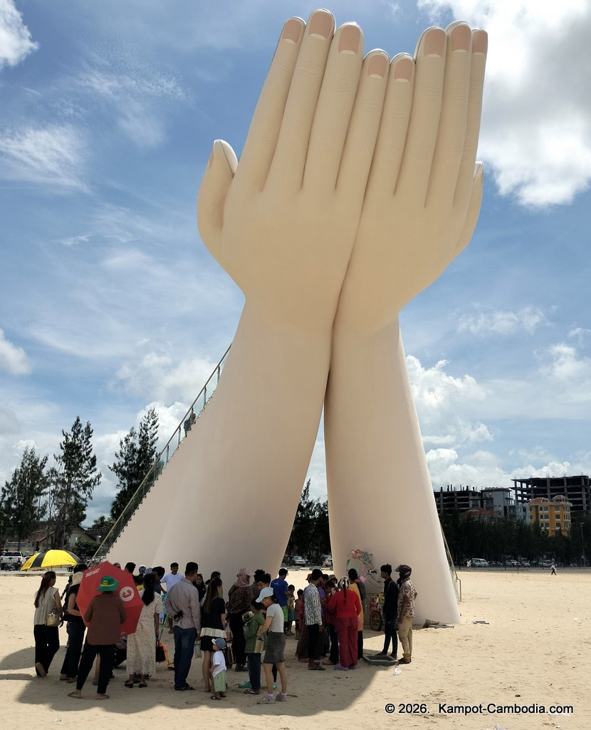 giant palm statue in Kampot, Cambodia.